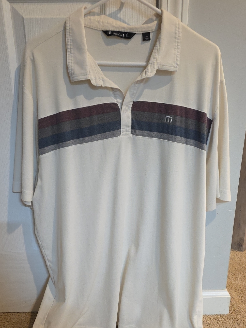 Cream Polo with Burgundy and Navy Chest Stripes - Travis Mathew